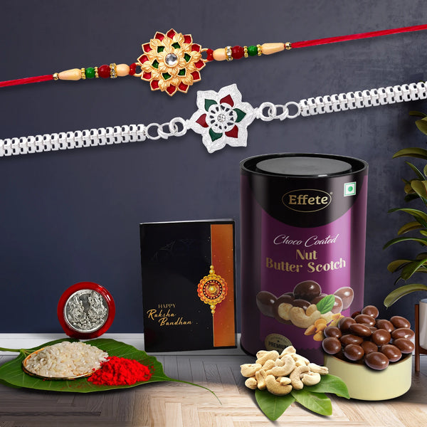 Designer Rakhi Combo Set With Choco-coated Butterscotch Cashews Roli-chawal  Blessing Coin  Raksha Bandhan Gift For Brother