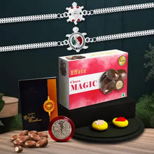 Rakhi Gift Combo With 2 Designer Rakhis For Brother  Includes Choco Magic Box Silver Coin Roli Chawal  Greeting Card